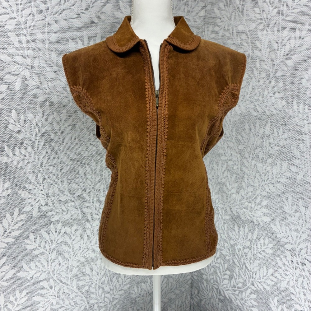 Lisa International Suede Knit Vest Womens XL Brown Crochet Zip Front Vintage 70s